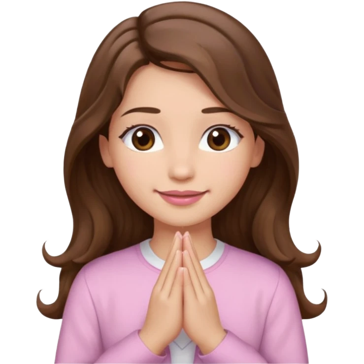 girl with wavy long brown hair, brown eyes, light to medium complexion, long lashes, light pink lipstick, praying, smiling, wearing light pink shirt emoji