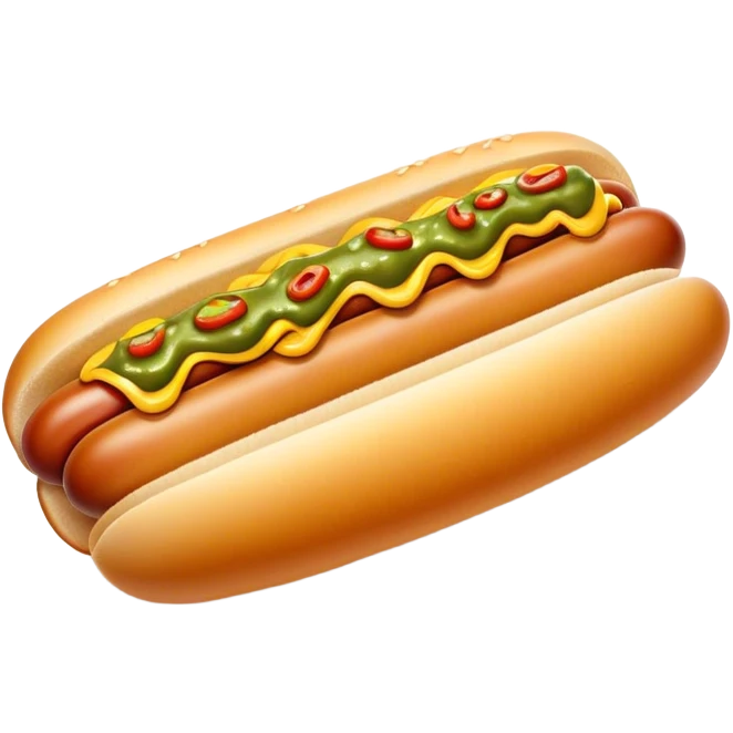 Cinematic Realistic Hot Dog Dish Emoji, featuring a classic hot dog in a bun topped with mustard and relish rendered with crisp textures and vibrant, dynamic lighting. emoji