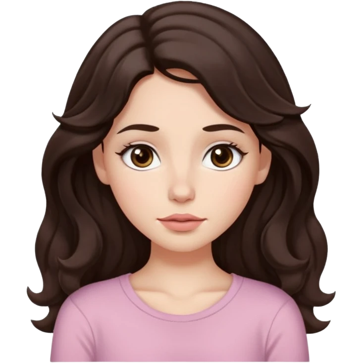 Aesthetic white girl with really long wavy/curly hair color dark brown, hair must be in front of the shoulders (hair in front of the shoulders). Big almond shape tired eyes color brown with dark circles, wide nose, natural lips, sweet expression. Dressed with a cute tight top color light pink. emoji