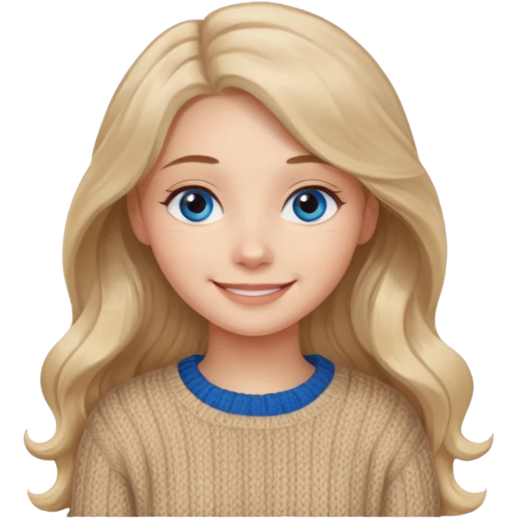 ЗГЕНЕРУЙ ДІВЧИНУ З СВІТЛИМ, ТРОХИ ХВИЛЯСТИМ ВОЛОССЯМ, ОДЯГНЕНУ У В'ЯЗАНИЙ ТІЛЕСНИЙ СВЕТР. В НЕЇ ГОЛУБІ ОЧІ ТА ДОВГЕ ВОЛОССЯ, ВОНА УСМІХНЕНА emoji
