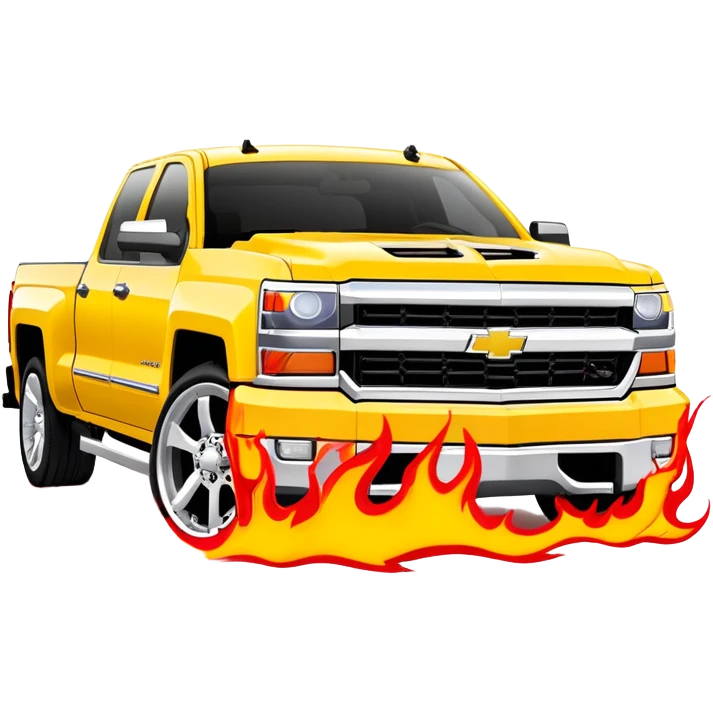 Yellow Chevrolet Silverado with custom red flame artwork specifically on the front bumper, hood remains plain yellow, authentic Kill Bill truck design, 30-degree angle, iOS emoji style emoji
