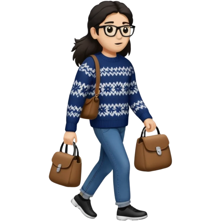 걷고 있는 사람
옷은 겨울에 어울리는 니트와 하의를 입었고 숄더백을 매었다.
머리카락 색깔은 어두운 갈색, 풀은 긴머리를 하고 있다 
귀에는 애플의 에어팟이 착용되어 있다 emoji