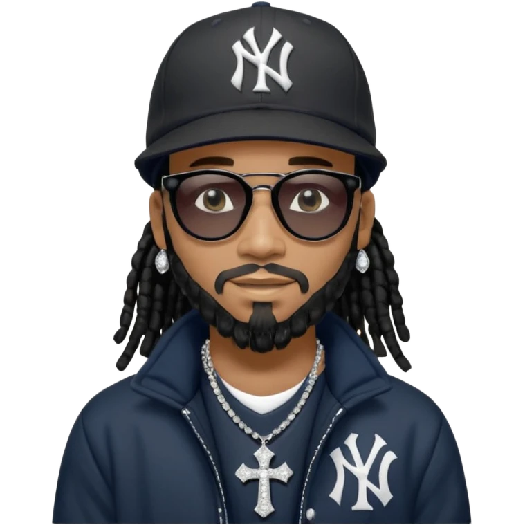 African American man with shoulder length black dreadlocks with black beard wearing black sunglasses wearing a New York Yankees logo baseball cap wearing a black bubble winter coat with a diamond mouth grill with diamond cross necklace on his neck emoji