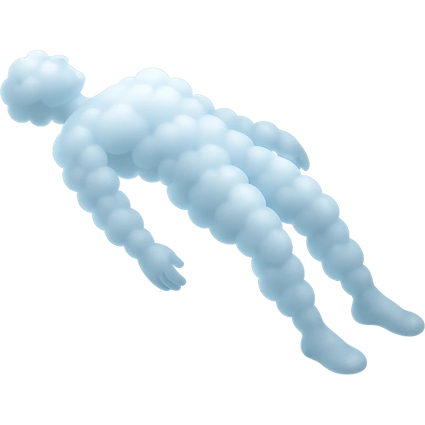 side view of unconscious person flying torso up, arms and legs down, made of small white fluffy clouds, matte glass style emoji