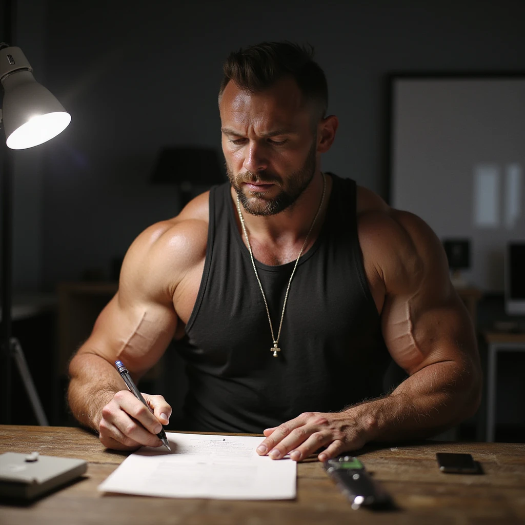 Coach di bodybuilder che scrive un protocollo di sostanze su un foglio, in ambiente da studio o ufficio, con fiale e siringhe sulla scrivania, atmosfera professionale, dettagli iperrealistici 4K. emoji