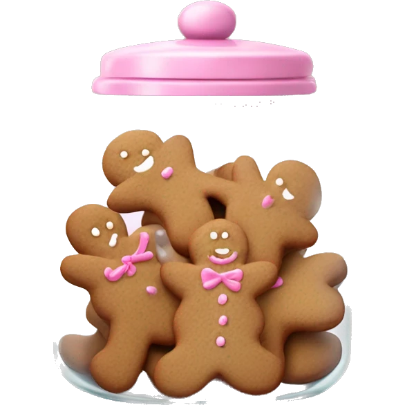 Realistic glass cookie jar with light pink lid full of gingerbread cookies isolated.  emoji