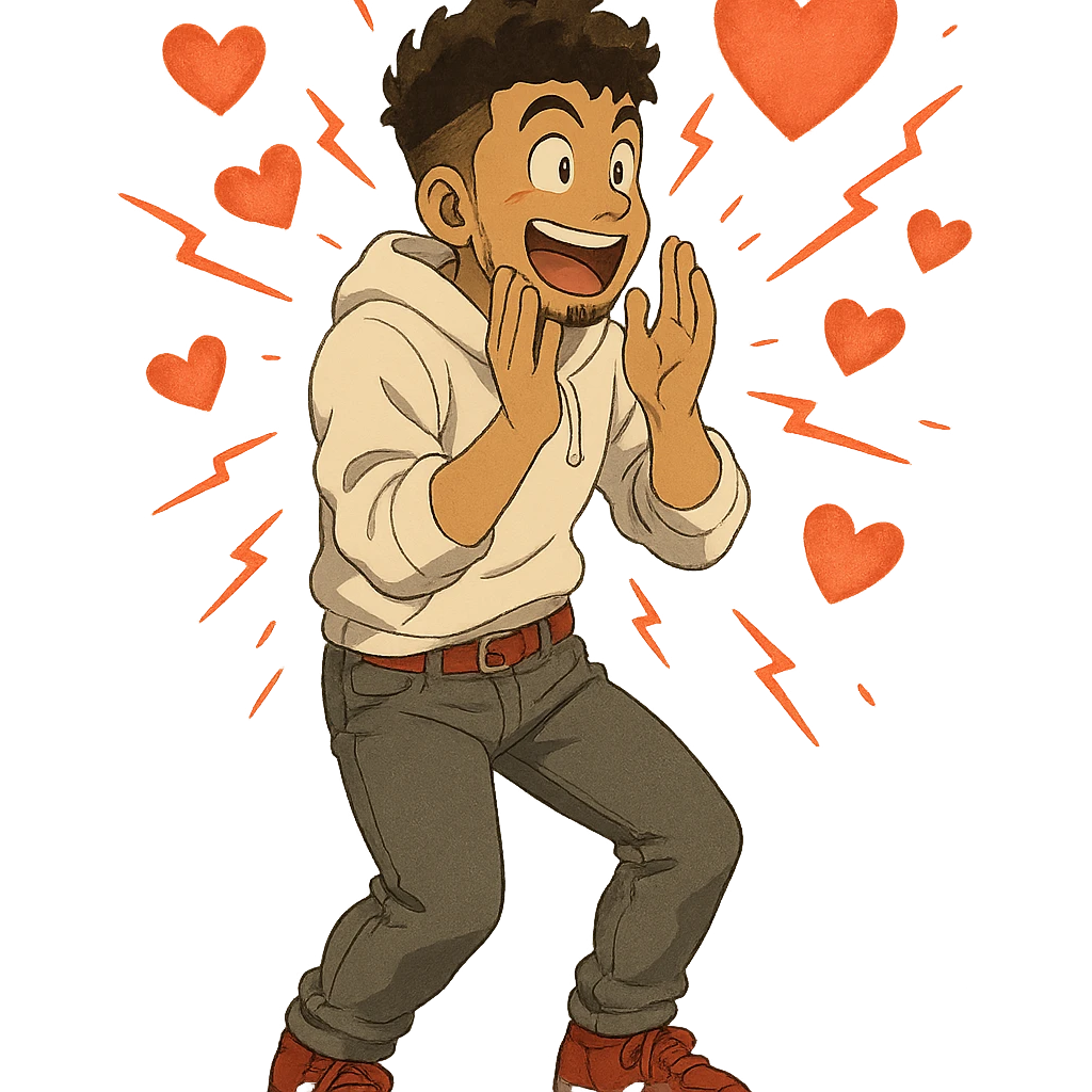 a burst of heart shapes that fits the theme: 1 male, mid fade haircut dark chestnut brown curly hair, toasted lightskin, white hoodie sleeves up, gray fashion jeans, red fashion-sneakers shoes, red belt, short trimmed beard and goatee,  style of deku from "my hero academia",  doing a "i adore that!" exclaimation pose with red electricity, emoji