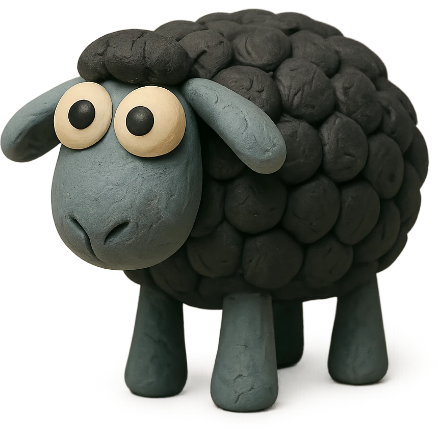cute sheep with black wool and big eyes, soft pastel colors, hand-molded details, claymation style emoji