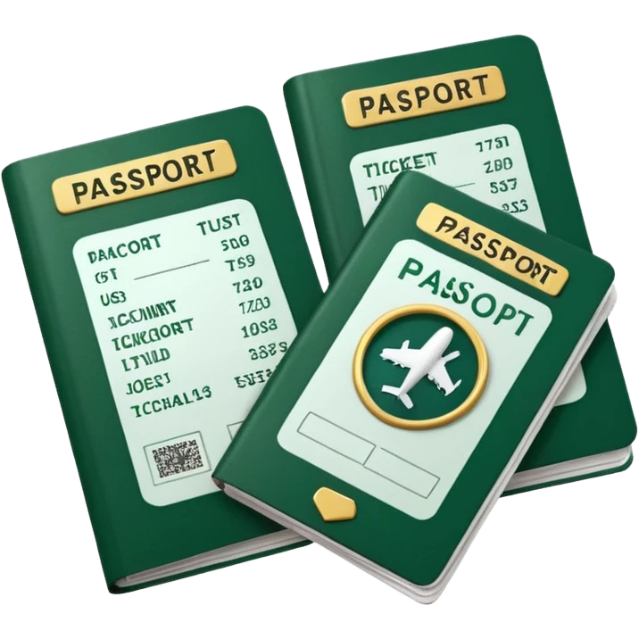white passport with visible airline tickets and dark green details, no faces, emoji style emoji