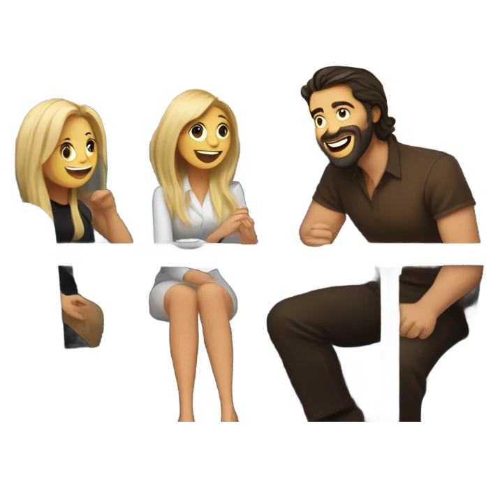 A woman with long dark hair and a woman with long blond hair, a bearded man with long dark hair and a man with short blond hair and sunglasses sitting in a booth on a train laughing . They are all white emoji