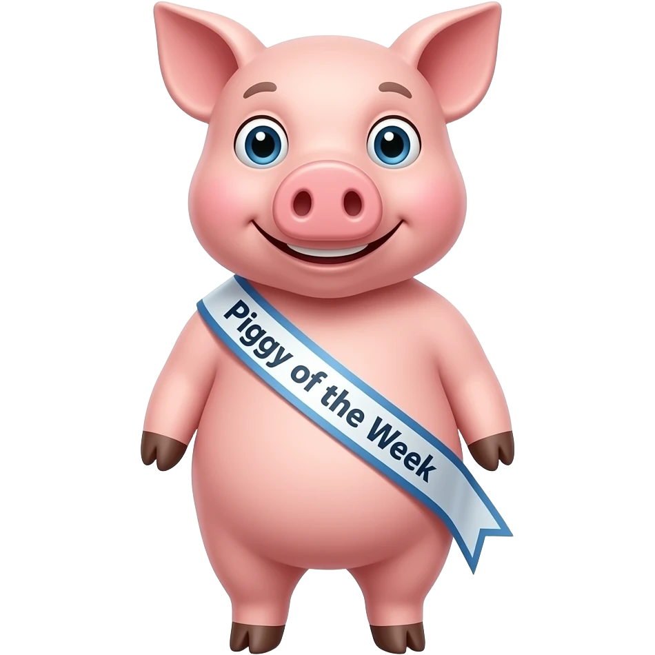 Pig standing up wearing sash that says “Piggy of the Week” emoji