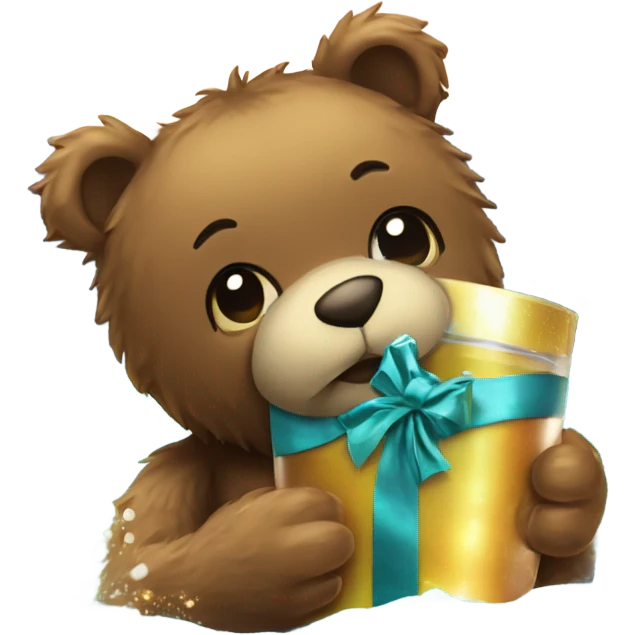 gruff teddy bear holding a gift that sparkles and a shot glass of liquor in the ocean emoji
