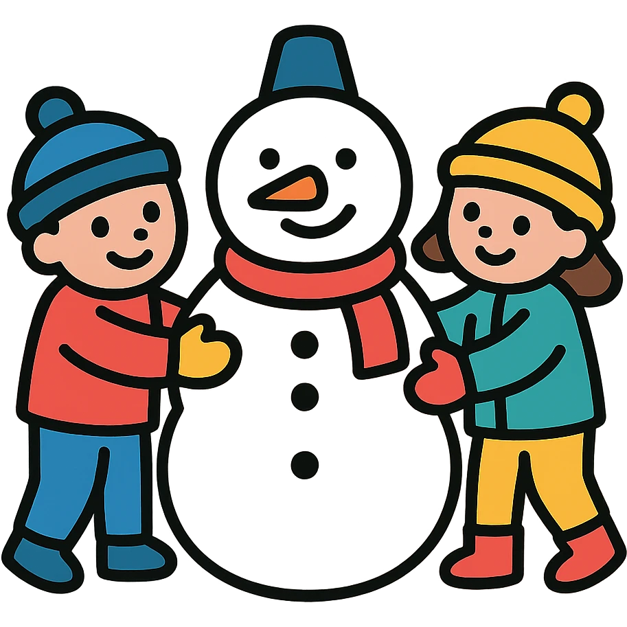 kids building a snowman, cheerful and clear emoji