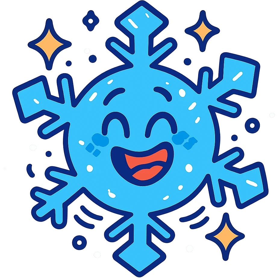 cheerful snowflake character with a big grin, sparkling and shivering from the cold emoji