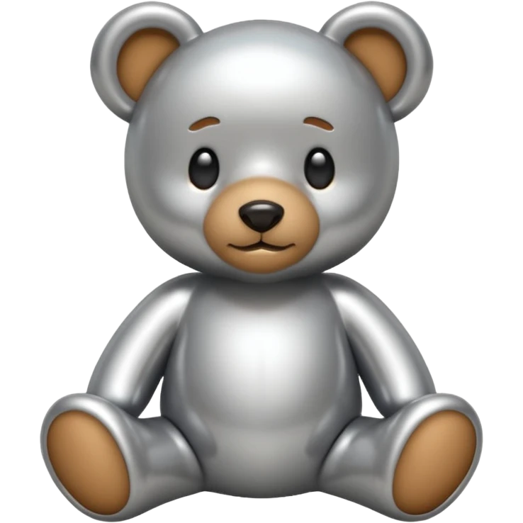 A cute teddy bear emoji made of liquid silver chrome, smooth rounded body, glossy metallic surface, soft reflections, friendly proportions, iOS emoji style, centered, clean white background emoji