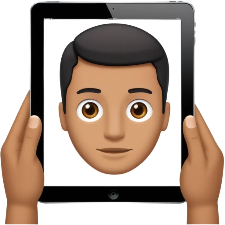 An iPad. On the iPad screen, a video is playing. The video shows a man talking to camera.  emoji