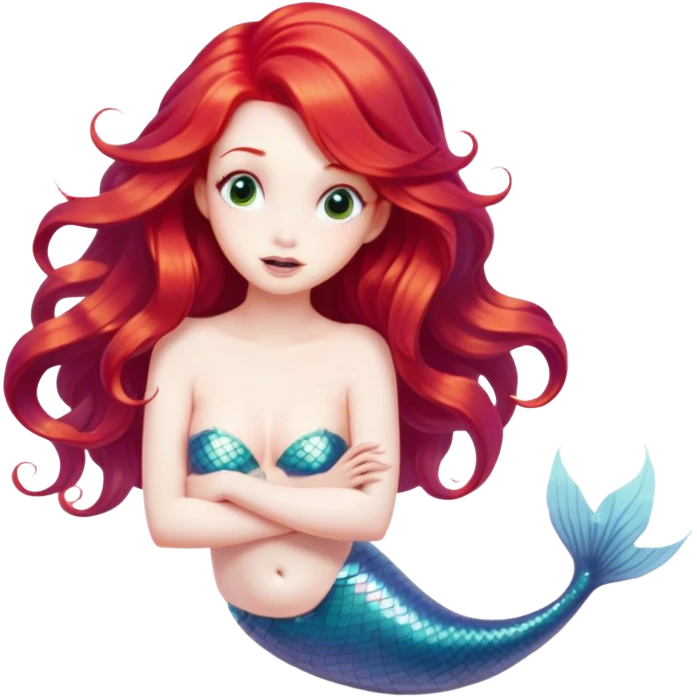 Cinematic Realistic Red Hair Mermaid Portrait, head tilted playfully and inquisitively, showcasing an ethereal form with finely detailed, flowing red hair against luminous porcelain skin. Her bright, curious eyes sparkle like hidden gems beneath the gentle caress of underwater light, rendered with lifelike clarity and warm, filtered illumination—capturing the essence of a spirited mermaid ready to splash playfully into your imagination. emoji