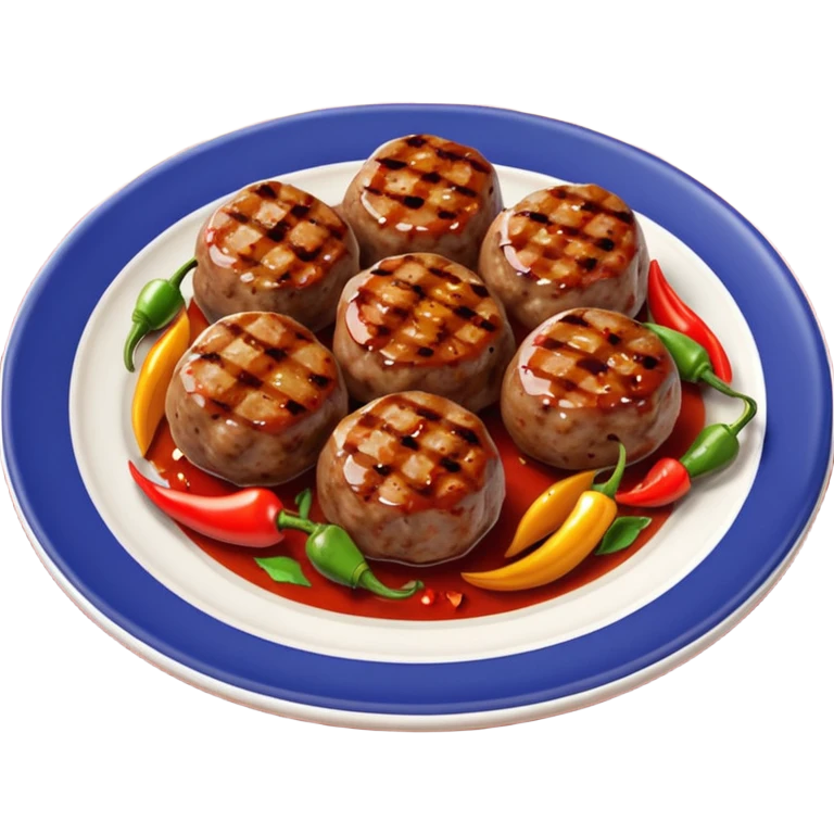 Akçaabat meatballs object icon, grilled Turkish kofte pieces on a plate, smoky char marks, juicy texture, served with grilled peppers and tomatoes, 3D cartoon, mobile game icon style, centered, clean background, no text, no watermark
 emoji