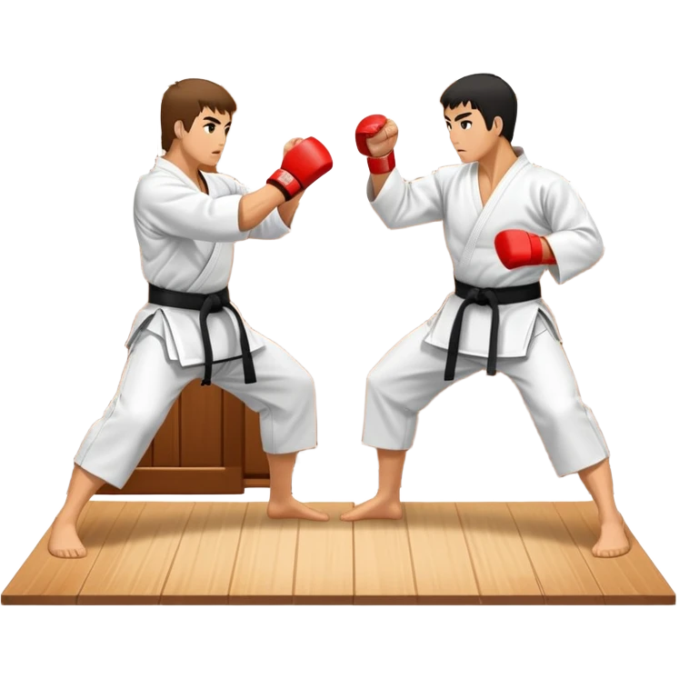 An icon representing traditional Karate, featuring two opponents in a martial arts dojo. One is performing a powerful punch, while the other defends with a block. The background showcases a classic dojo setting with wooden floors and sliding doors. Transparent background emoji