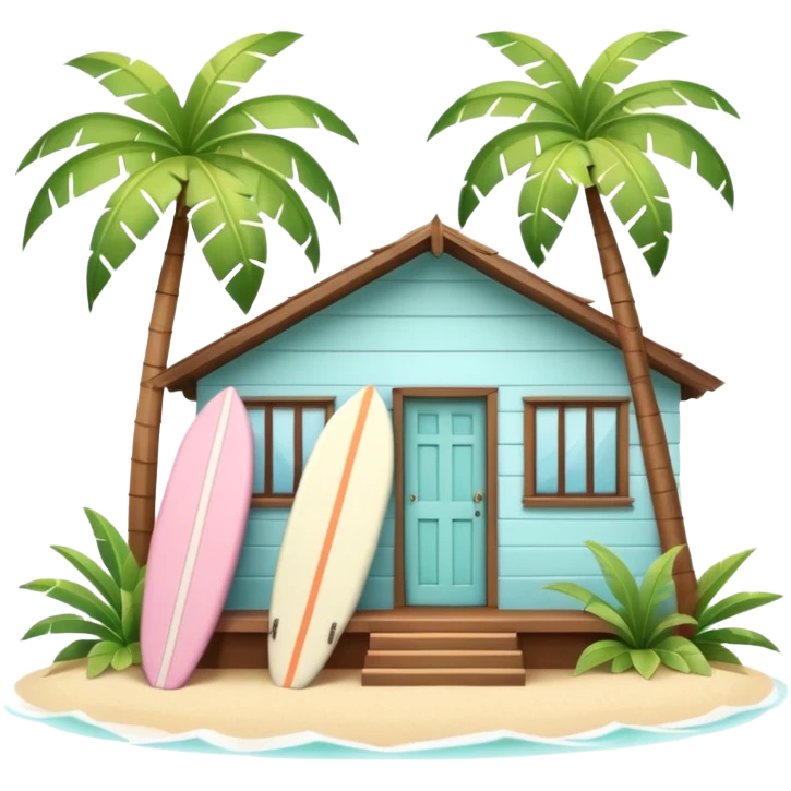 Hawaiian bungalow house, pastel colors, wooden porch, surfboard leaning on wall, palm leaves, tropical vibe, cute mobile game icon style, 3D cartoon, clean background, no text
 emoji