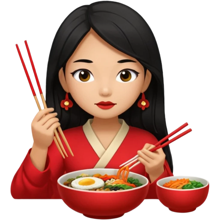 Girl with black long hair with red dress eat bibimbap close eyes chopstick emoji