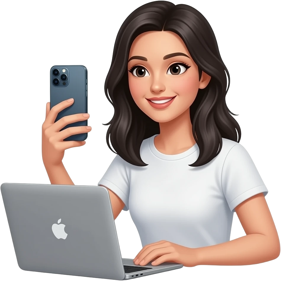 Mujer con cabello LARGO negro lacio con ligeras ondas, de piel normal NO morena, es importante con un lunar en el cachete derecho, con ojos negros, grabandose a ella misma y mirando el iphone 15 pro y una mackbook a su lado, con remera blanca NO CAMISA, que MIRE EL IPHONE emoji