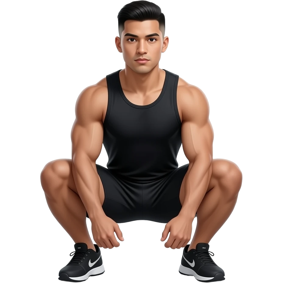 hyper-realistic Latino fitness model with buzz cut fade squatting emoji