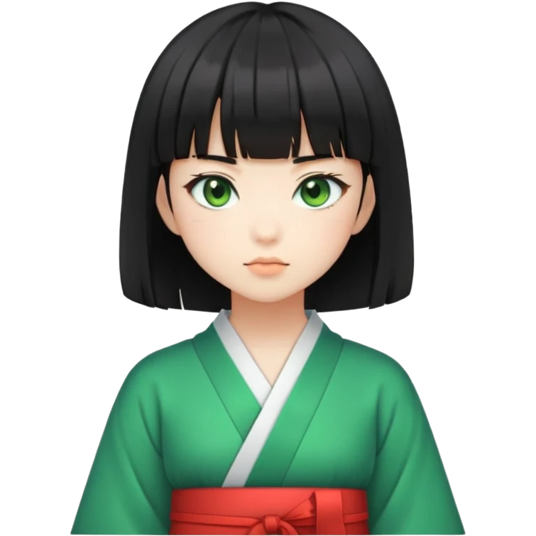 Japanese girl with short black hair and bangs, wearing a Jirai Kei outfit, green eyes emoji