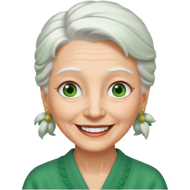 abuela con ojos verdes, pelo blanco, pelo blanco y amarrado, aspecto feliz, pelo blanco, no verde, solo verde los ojos emoji