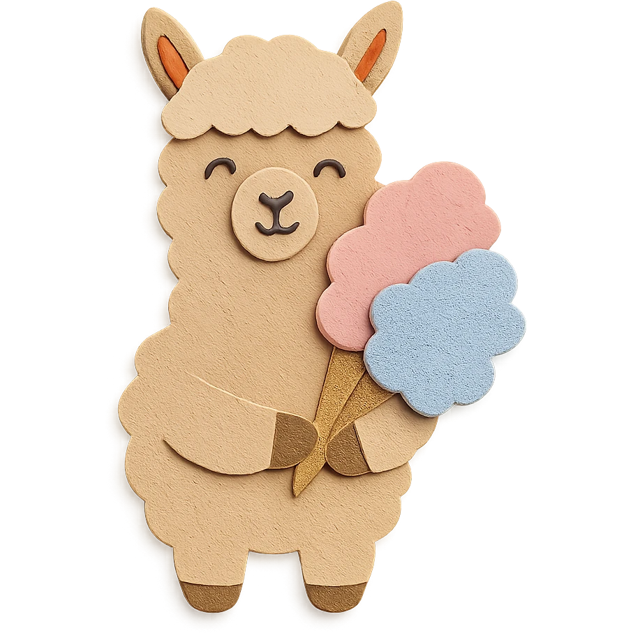 alpaca holding cotton candy bouquet in paper-craft style emoji