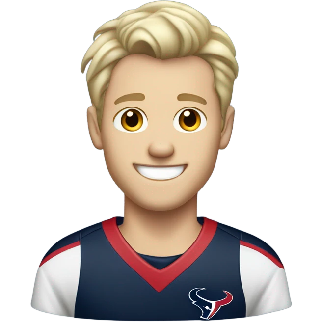 Skinny Caucasian male blonde combed over hair smiling wearing a Houston Texans polo emoji