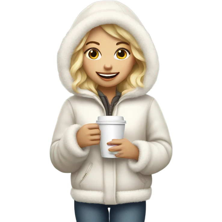 blonde girl wearing white fluffy jacket and a coffee to go in hand emoji