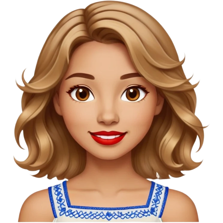 Enthusiastic woman with healthy glowing skin, round cheeks, warm smile, expressive light brown eyes, red lipstick, wavy dark blonde shoulder-length hair with highlights, summery white top with blue embroidery and electric blue neckline emoji