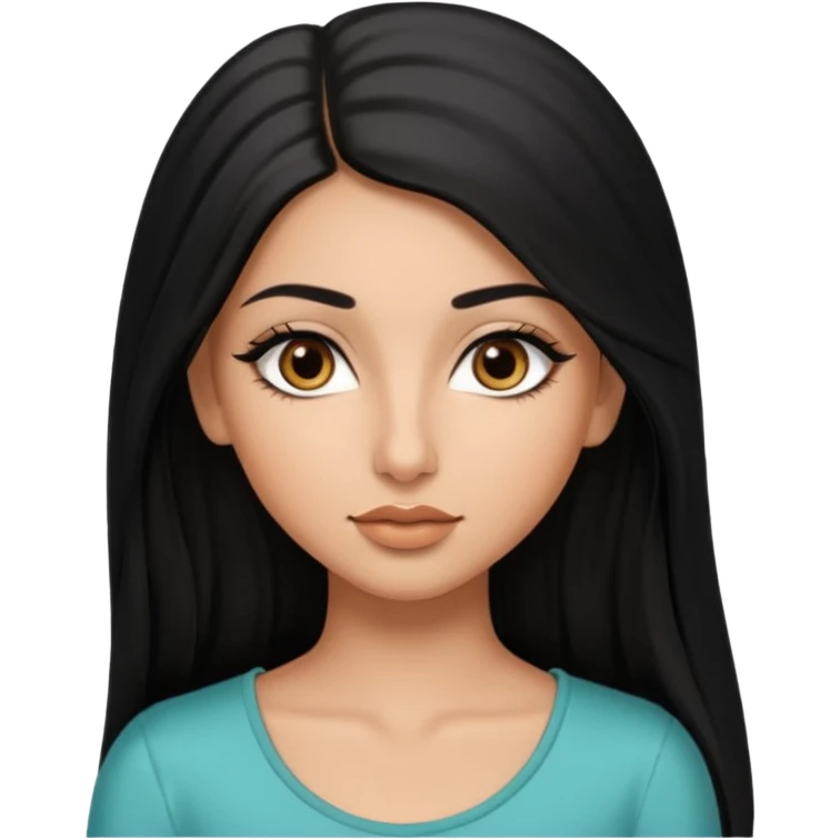 A arabic girl, who has long black styled silk hair, a bit of tan skin but not too tan. almond brown eyes that has black long lashes, small nose and full lips. and a bit of makeup like bronzer. and wearing a white tight top emoji