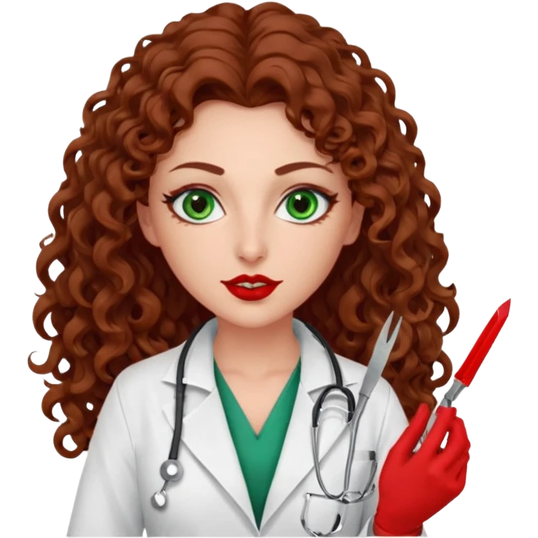 Lilith scalpel sexy evil woman. She has green eyes.  had brown long curly hair.  evil surgeon kills holding scalpel.  wears sexy doctor coat with red gloves. Covers nose, neck  and mouth with Muslim red berka emoji