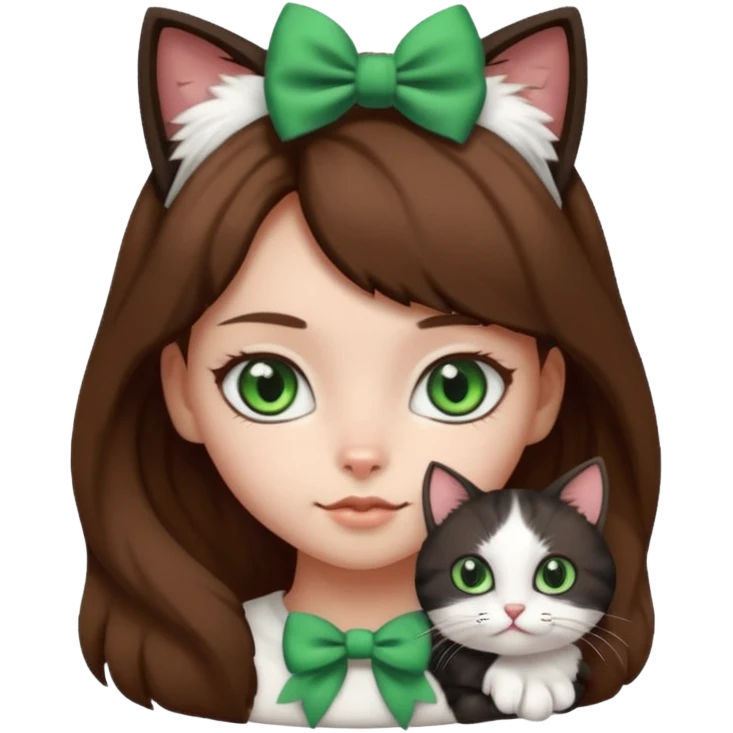 A black and white cat with green eyes she’s a girl she has a bow on her head she’s kinda fluffy  emoji
