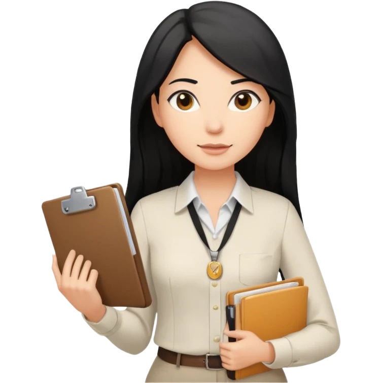 a light tan woman with long black hair past mid-back, round brown eyes, with folders in her hands. she has a id lanyard on and white professional blouse. emoji
