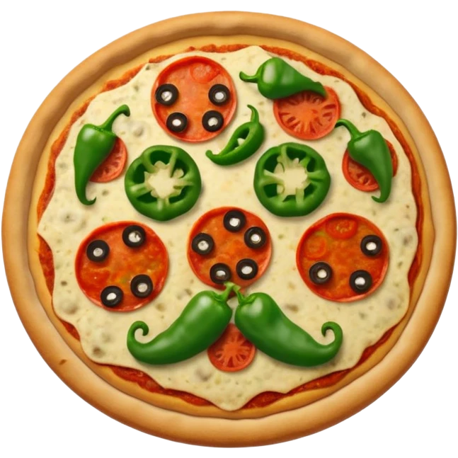 Complete Pizza with two red pepperoni eyes, a mushroom nose, and a mouth, mustache, and eyebrows made out of green peppers emoji