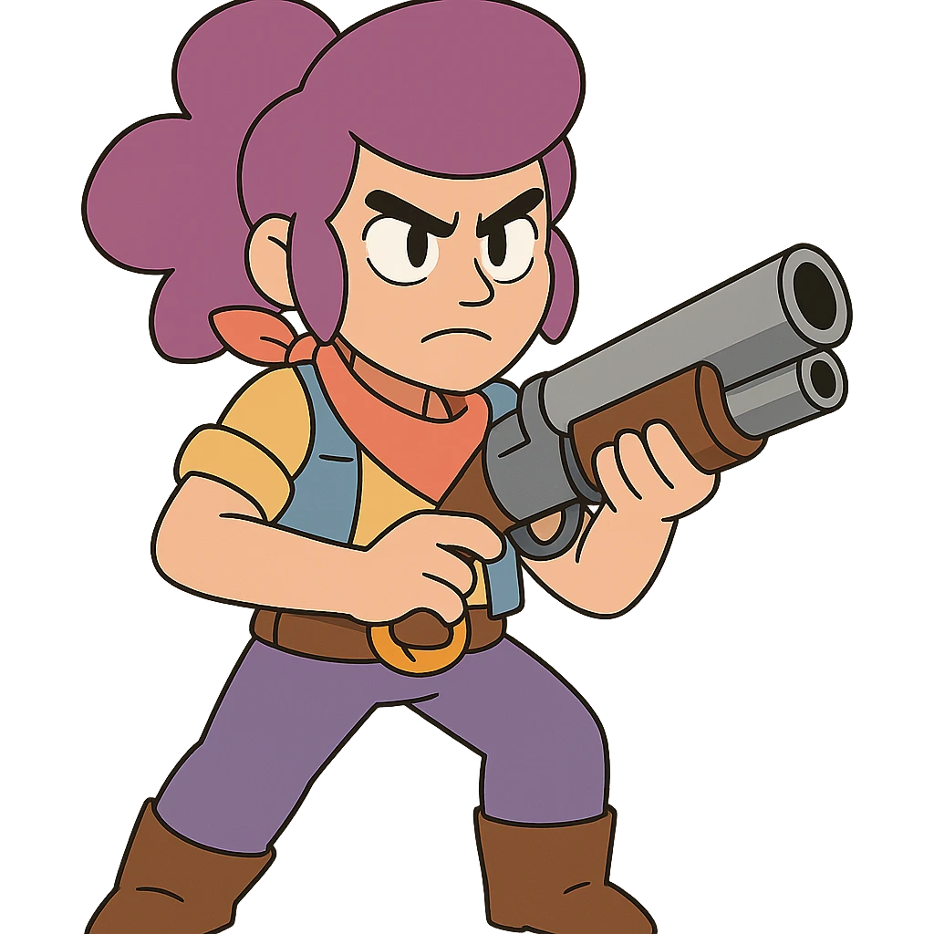 Shelly from Brawl Stars, ready for battle, determined expression, colorful emoji