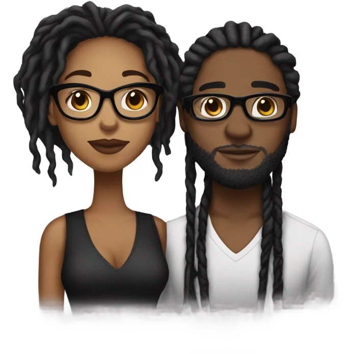 black couple with locs, male lightskin with long black locs, female brown skin with glasses and BLACK locs tied up kissing full body emoji