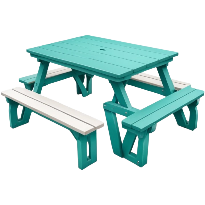 rectangular picnic table with benches, white tips on table and bench ends, straight vertical legs, soft teal color, small wheels, flat wood-style silhouette, clean geometry, minimal shading emoji