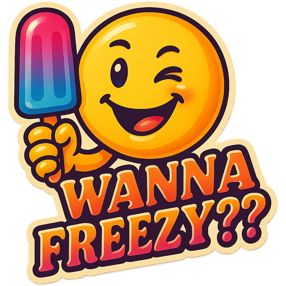 emoji character with a playful expression, holding a popsicle, with the text 'wanna freezy???' in a fun font, retro stickers style emoji