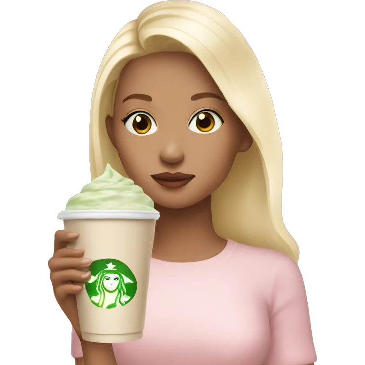 Blonde girl with a pastel pink top drinking iced matcha latte  emoji