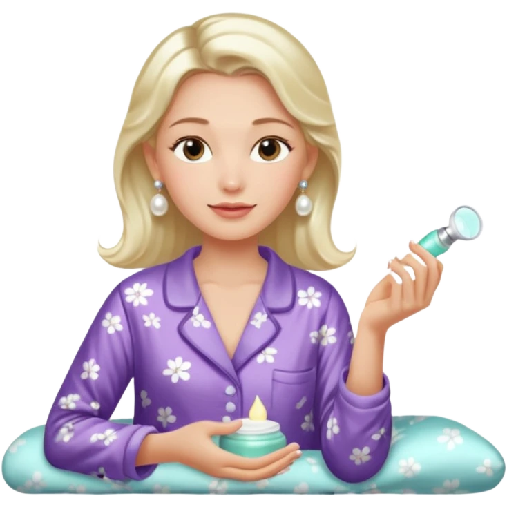Clean girl aesthetic emoticons, apply skincare products, pearl earrings, glowing skin, pajamas, soft lighting emoji
