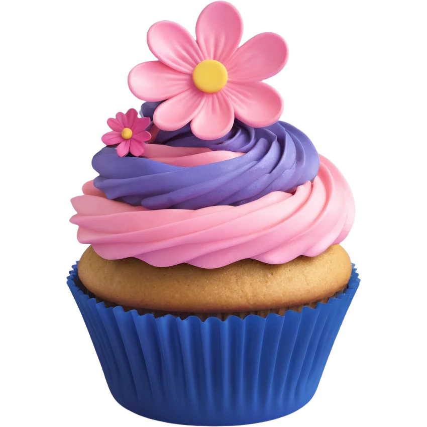 A 3D iOS-style blueberry cupcake with a pink frosting swirl, a single blueberry on top, and a small flower decoration, based on the reference image. The cupcake should have a pink wrapper and a golden-brown base, with a light shadow underneath. emoji