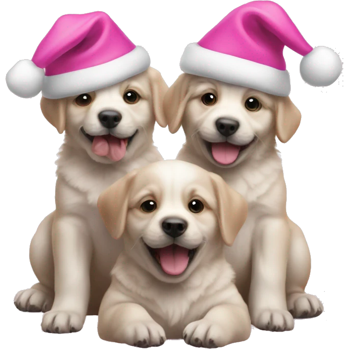 3 happy puppies with pink Christmas hat emoji