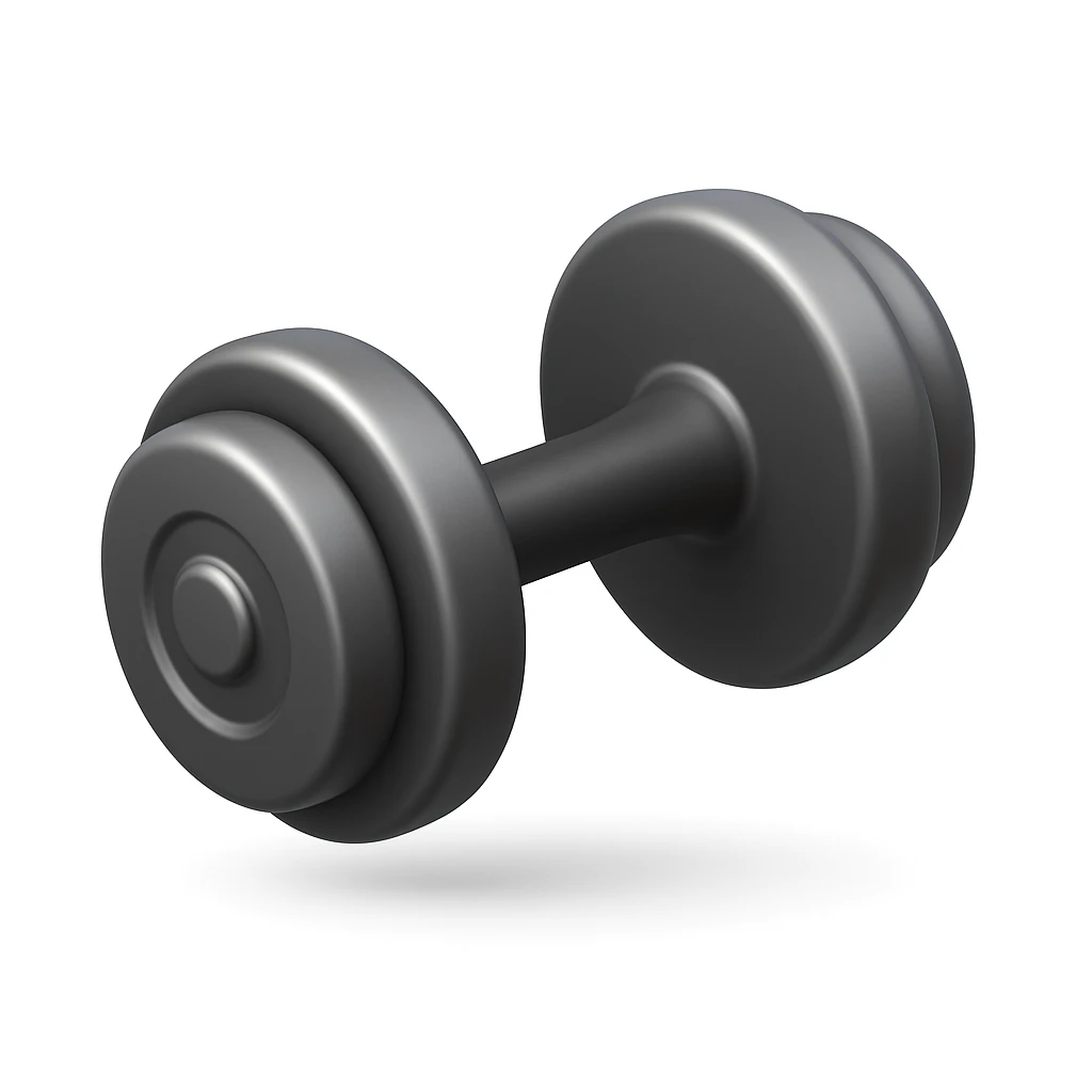 Create a dumbbell emoji that looks exactly like the reference image in iOS emoji style. The emoji should have a 3D appearance with shiny, smooth gradients, soft shadows, a realistic shape, and a metallic texture. Add a soft shadow under the dumbbell. emoji