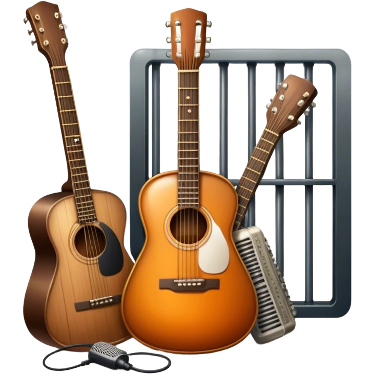 Icon for Chanson Music: A microphone with a whiskey bottle and a guitar, representing Russian chanson, surrounded by symbolic elements like prison bars, traditional acoustic instruments, and urban vibes. Transparent background. emoji