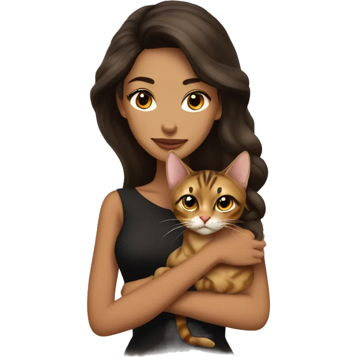 Beautiful skinny woman long dark brown hair in dark dress with gold earrings hug bengal cat emoji