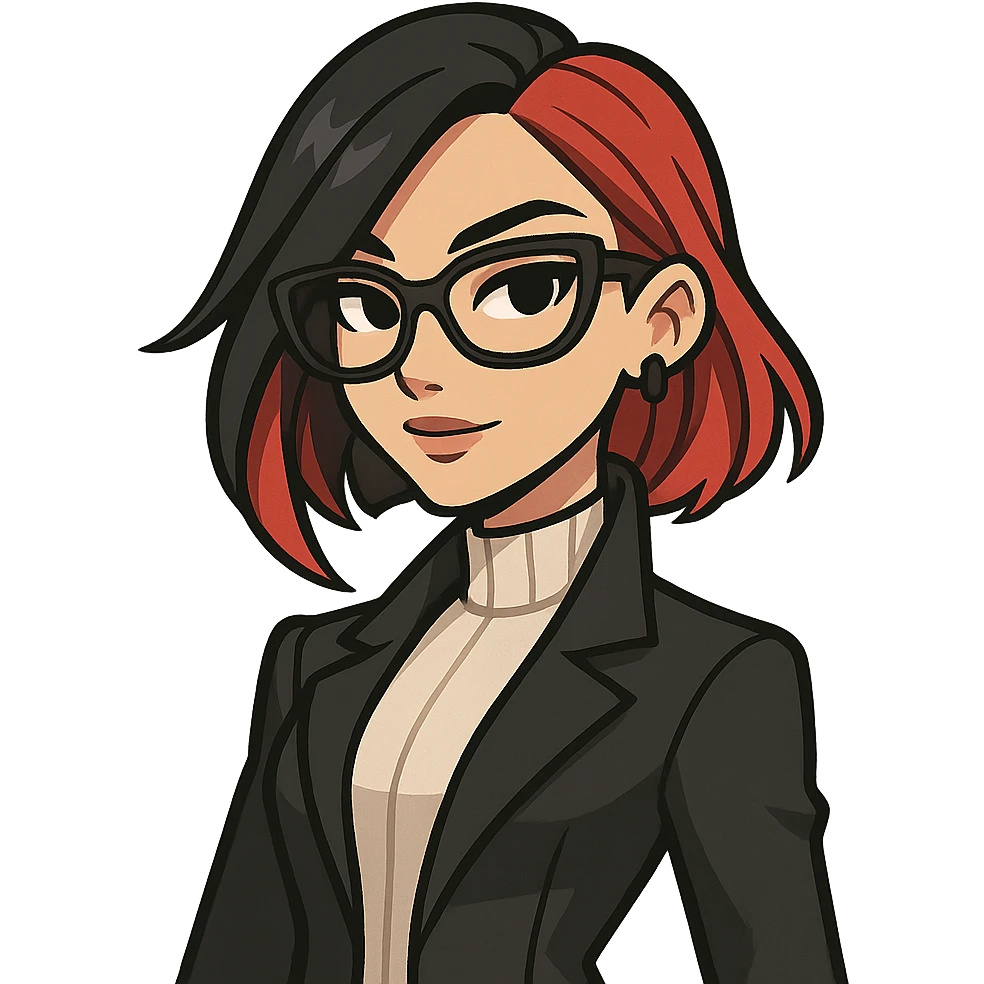 stylish girl with black and red hair, wearing glasses, reminiscent of Fortnite's Undercover Kor, in Jiiby-Style emoji